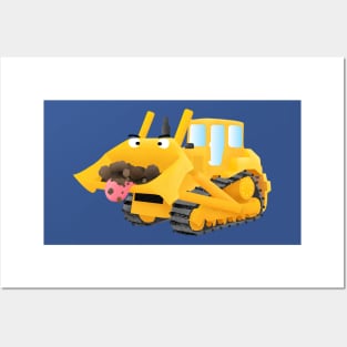 Cute funny yellow bulldozer cartoon character Posters and Art